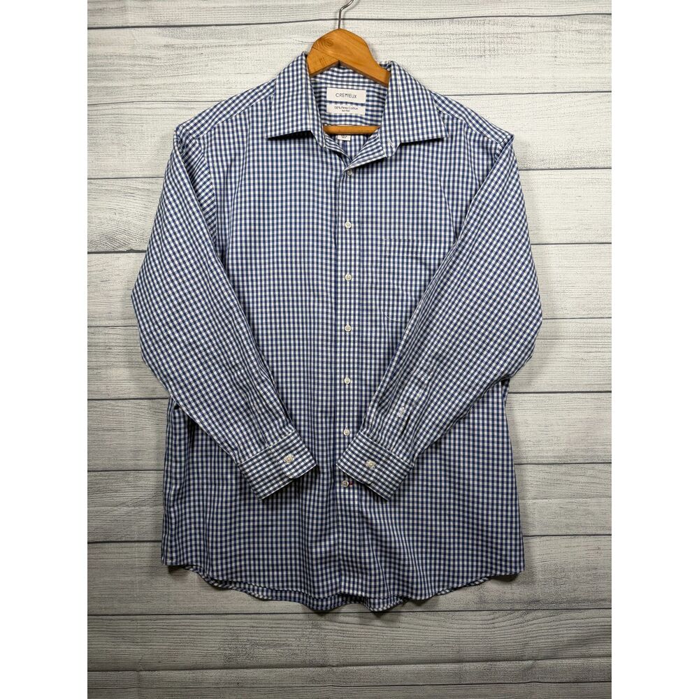 Cremieux Men's 16.5 33 Blue White Gingham Pima Cotton Non-Iron Shirt 4418